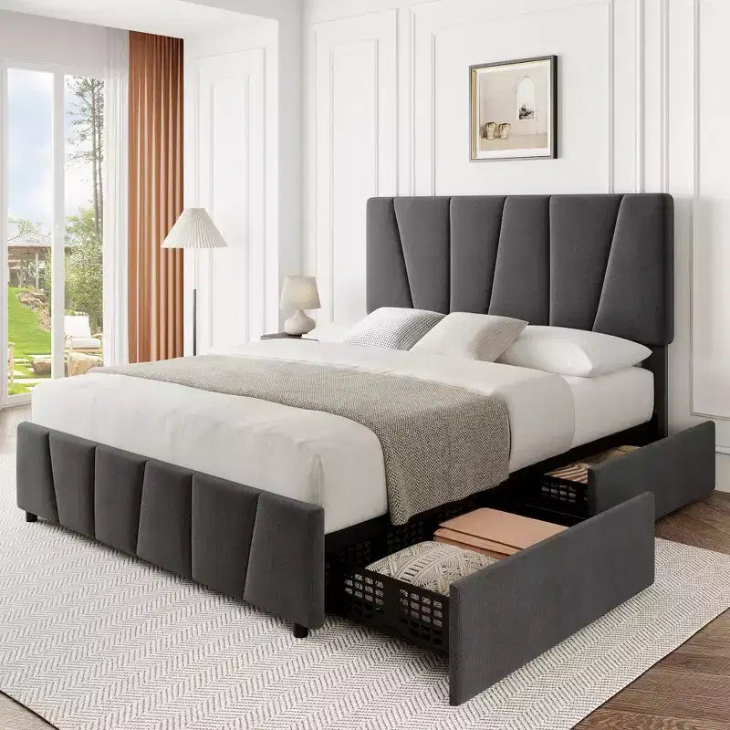 Cadre de lit plateforme rembourré avec tête de lit réglable et tiroirs de rangement, lattes en bois, aucun sommier tapissier requis, chambre moderne