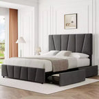 Cadre de lit plateforme rembourré avec tête de lit réglable et tiroirs de rangement, lattes en bois, aucun sommier tapissier requis, chambre moderne