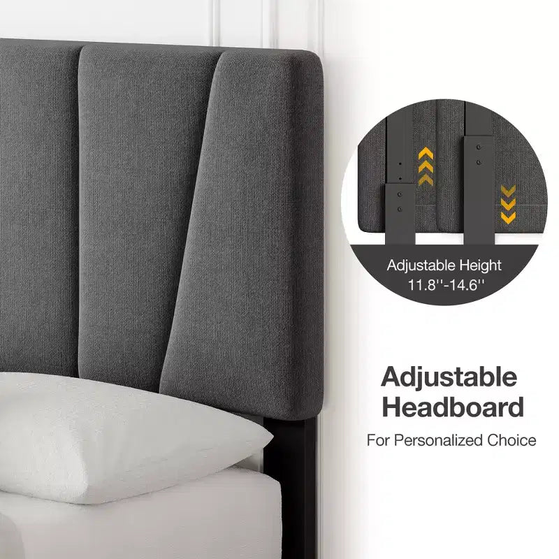 Cadre de lit plateforme rembourré avec tête de lit réglable et tiroirs de rangement, lattes en bois, aucun sommier tapissier requis, chambre moderne