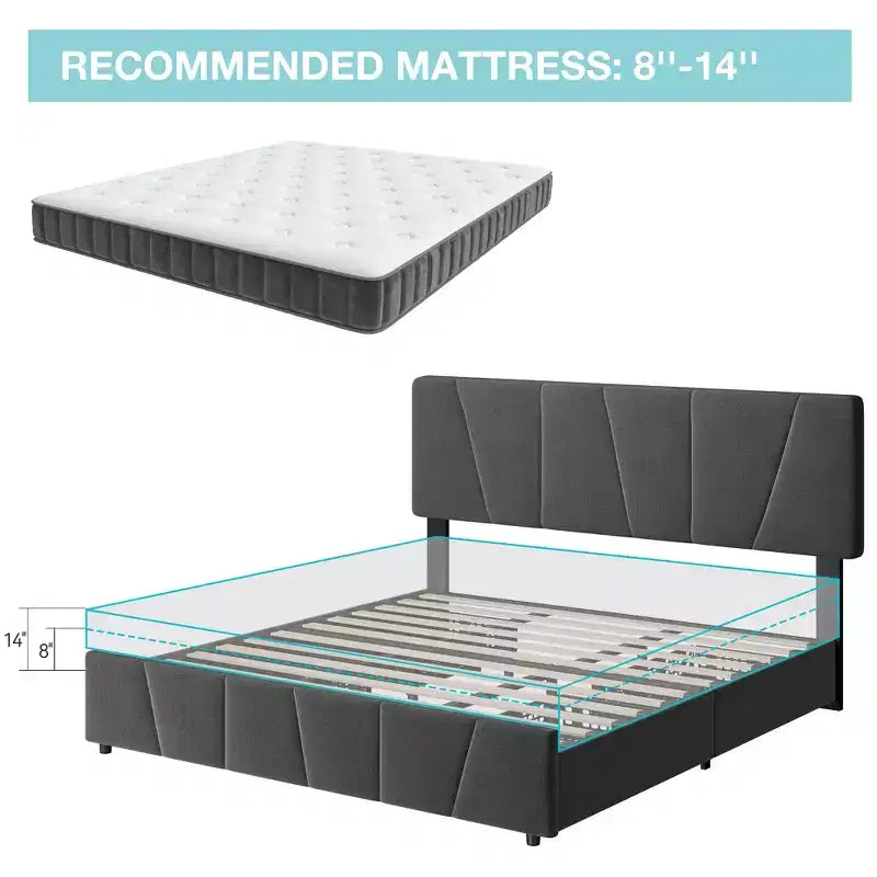 Cadre de lit plateforme rembourré avec tête de lit réglable et tiroirs de rangement, lattes en bois, aucun sommier tapissier requis, chambre moderne