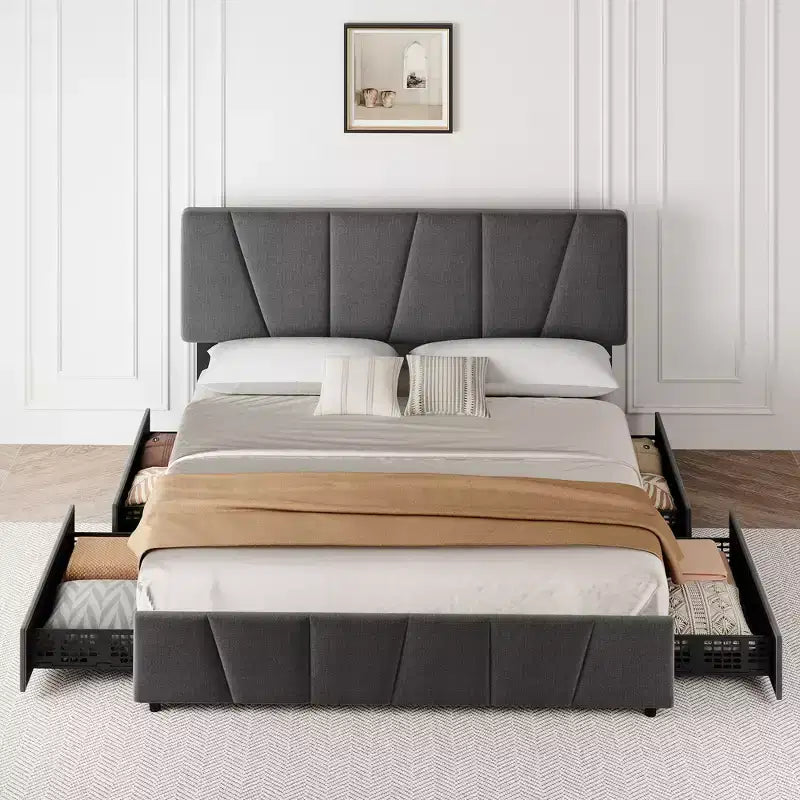 Cadre de lit plateforme rembourré avec tête de lit réglable et tiroirs de rangement, lattes en bois, aucun sommier tapissier requis, chambre moderne