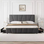 Cadre de lit plateforme rembourré avec tête de lit réglable et tiroirs de rangement, lattes en bois, aucun sommier tapissier requis, chambre moderne