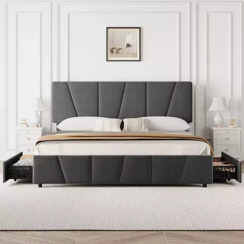 Cadre de lit plateforme rembourré avec tête de lit réglable et tiroirs de rangement, lattes en bois, aucun sommier tapissier requis, chambre moderne