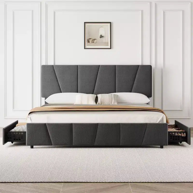 Cadre de lit plateforme rembourré avec tête de lit réglable et tiroirs de rangement, lattes en bois, aucun sommier tapissier requis, chambre moderne