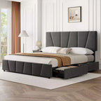Cadre de lit plateforme rembourré avec tête de lit réglable et tiroirs de rangement, lattes en bois, aucun sommier tapissier requis, chambre moderne