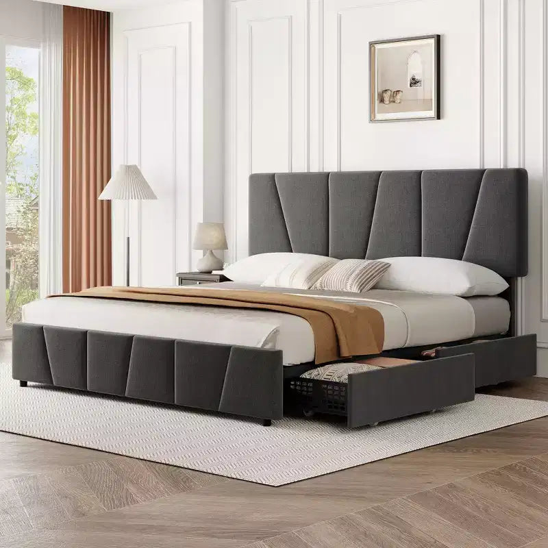 Cadre de lit plateforme rembourré avec tête de lit réglable et tiroirs de rangement, lattes en bois, aucun sommier tapissier requis, chambre moderne