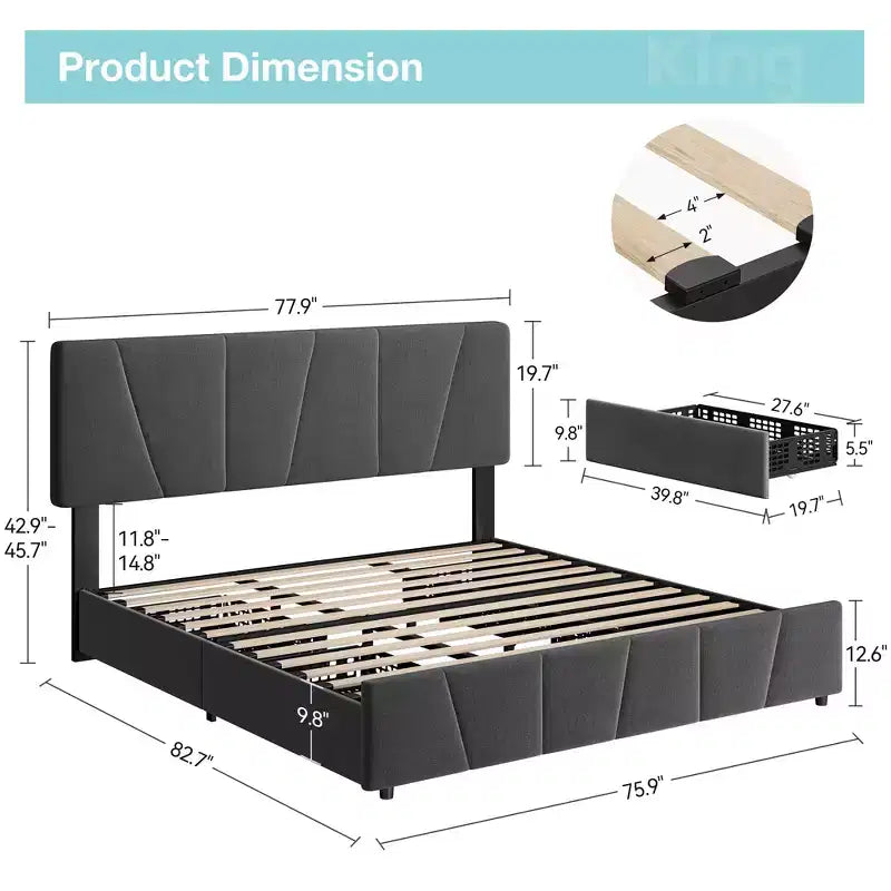 Cadre de lit plateforme rembourré avec tête de lit réglable et tiroirs de rangement, lattes en bois, aucun sommier tapissier requis, chambre moderne