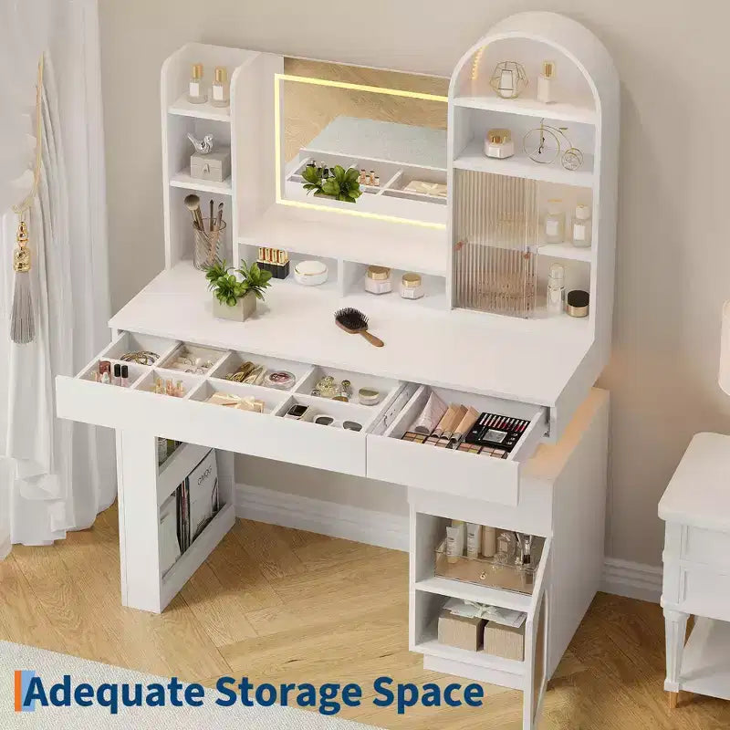 Coiffeuse GustoWave avec miroir lumineux, table de maquillage blanche avec 3 tiroirs et 11 étagères, tabouret de coiffeuse pour chambre à coucher