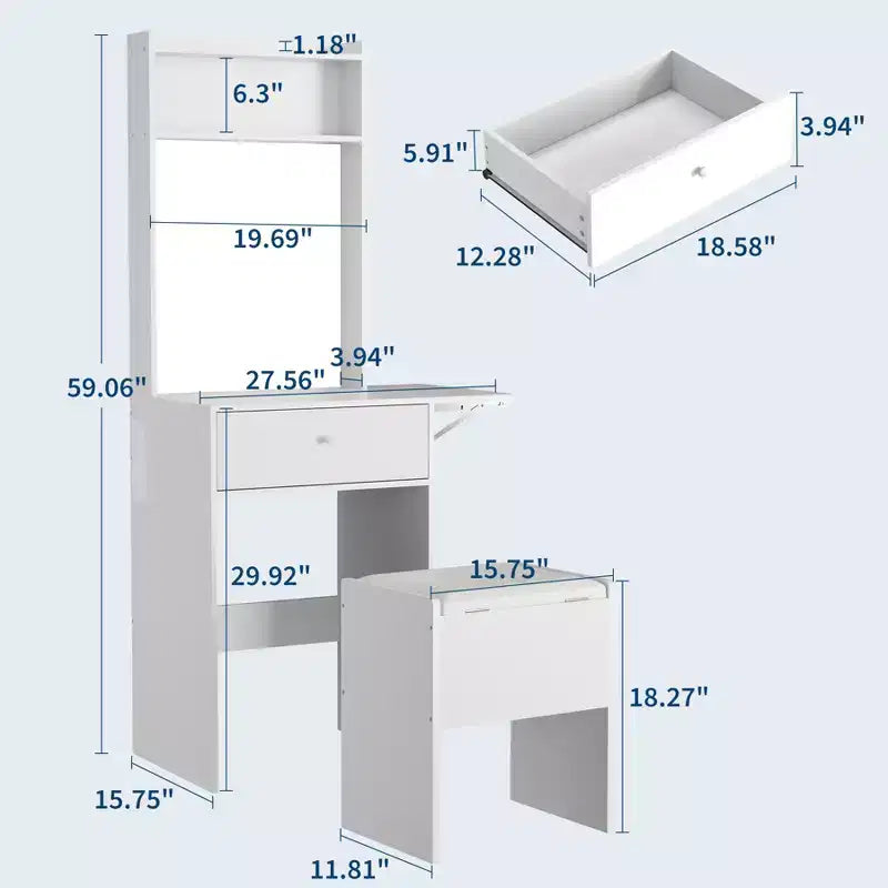 Coiffeuse blanche GustoWave avec grand miroir, petite table de maquillage avec panneau rabattable, chaise de rangement et étagères ouvertes pour chambre à coucher