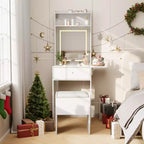 Coiffeuse blanche GustoWave avec grand miroir, petite table de maquillage avec panneau rabattable, chaise de rangement et étagères ouvertes pour chambre à coucher