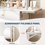 Coiffeuse blanche GustoWave avec grand miroir, petite table de maquillage avec panneau rabattable, chaise de rangement et étagères ouvertes pour chambre à coucher