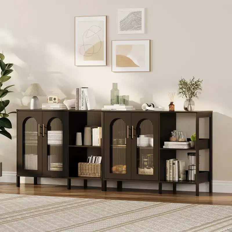 Buffet moderne en bois avec portes vitrées, meuble de rangement avec étagères réglables pour cuisine, salle à manger et salon