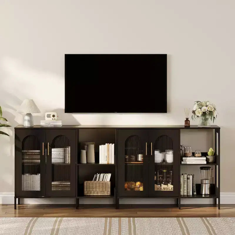 Buffet moderne en bois avec portes vitrées, meuble de rangement avec étagères réglables pour cuisine, salle à manger et salon