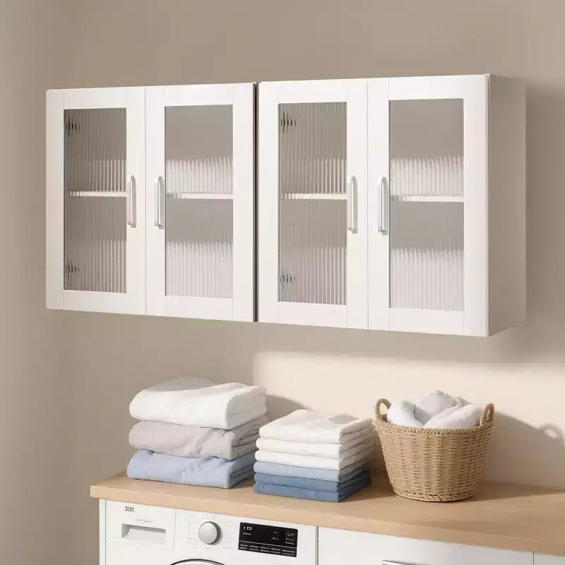 Meuble haut de buanderie VEVOR, armoire murale à 2 niveaux avec étagère réglable, rangement à 4 portes, lot de 2, blanc