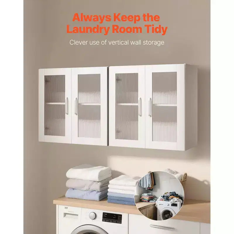 Meuble haut de buanderie VEVOR, armoire murale à 2 niveaux avec étagère réglable, rangement à 4 portes, lot de 2, blanc