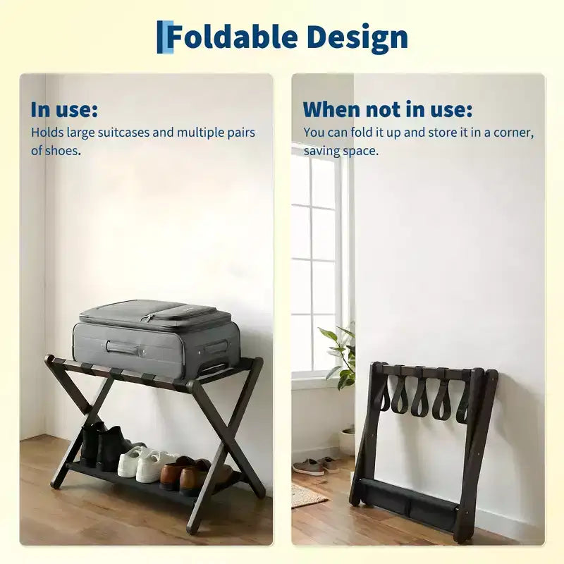 Support à bagages pliant en bambou avec étagère de rangement Sangles en nylon durables Supporte 50 kg pour valises Chambres à coucher Chambres d'amis Salons Hôtels