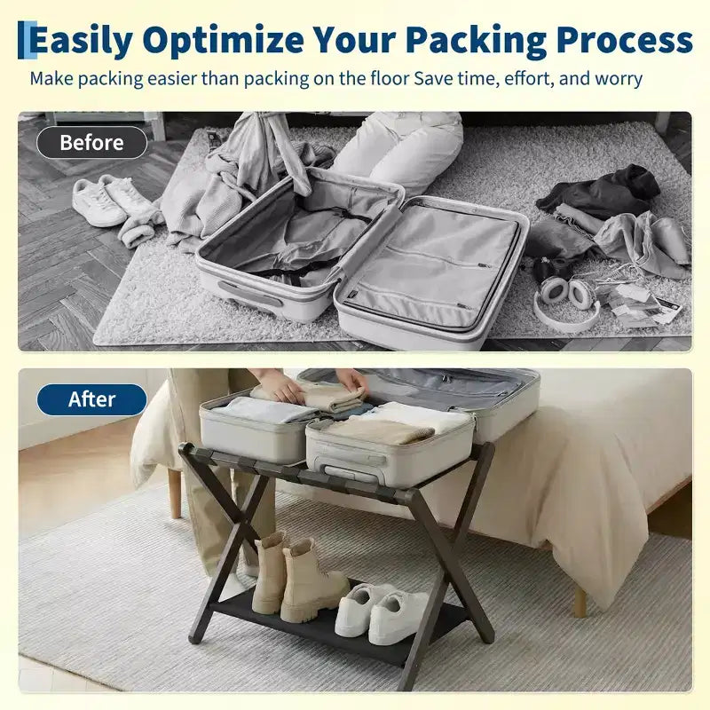 Support à bagages pliant en bambou avec étagère de rangement Sangles en nylon durables Supporte 50 kg pour valises Chambres à coucher Chambres d'amis Salons Hôtels