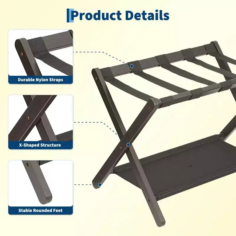 Support à bagages pliant en bambou avec étagère de rangement Sangles en nylon durables Supporte 50 kg pour valises Chambres à coucher Chambres d'amis Salons Hôtels