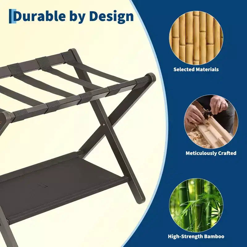 Support à bagages pliant en bambou avec étagère de rangement Sangles en nylon durables Supporte 50 kg pour valises Chambres à coucher Chambres d'amis Salons Hôtels