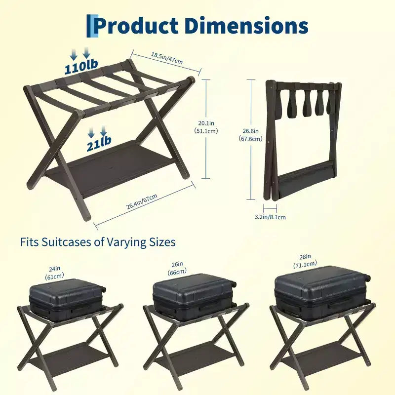 Support à bagages pliant en bambou avec étagère de rangement Sangles en nylon durables Supporte 50 kg pour valises Chambres à coucher Chambres d'amis Salons Hôtels