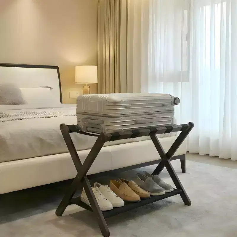 Support à bagages pliant en bambou avec étagère de rangement Sangles en nylon durables Supporte 50 kg pour valises Chambres à coucher Chambres d'amis Salons Hôtels