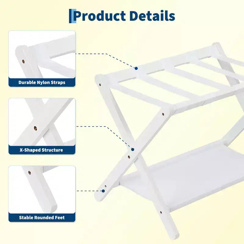 Support à bagages pliant en bambou avec étagère de rangement Sangles en nylon durables Supporte 50 kg pour valises Chambres à coucher Chambres d'amis Salons Hôtels