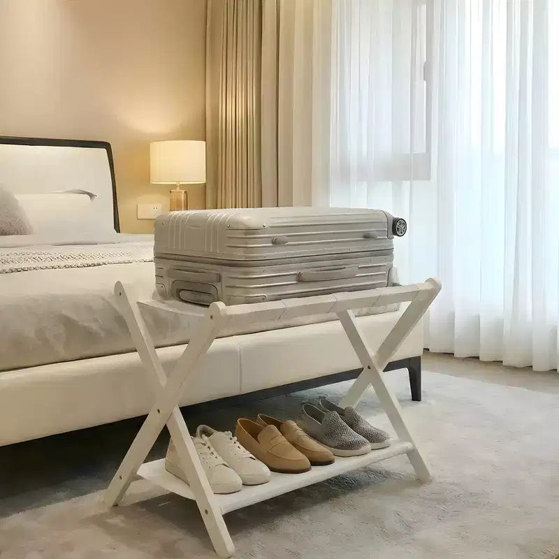 Support à bagages pliant en bambou avec étagère de rangement Sangles en nylon durables Supporte 50 kg pour valises Chambres à coucher Chambres d'amis Salons Hôtels