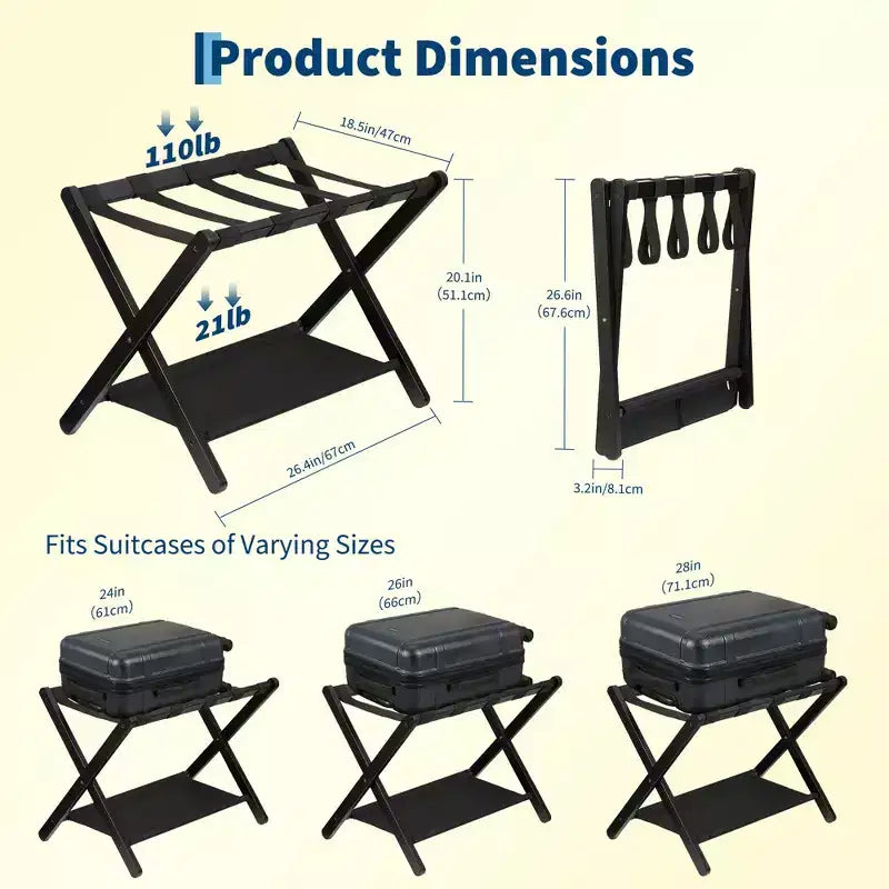 Support à bagages pliant en bambou avec étagère de rangement Sangles en nylon durables Supporte 50 kg pour valises Chambres à coucher Chambres d'amis Salons Hôtels