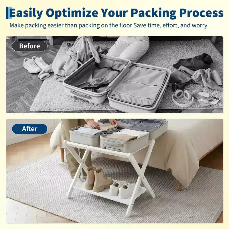 Support à bagages pliant en bambou avec étagère de rangement Sangles en nylon durables Supporte 50 kg pour valises Chambres à coucher Chambres d'amis Salons Hôtels