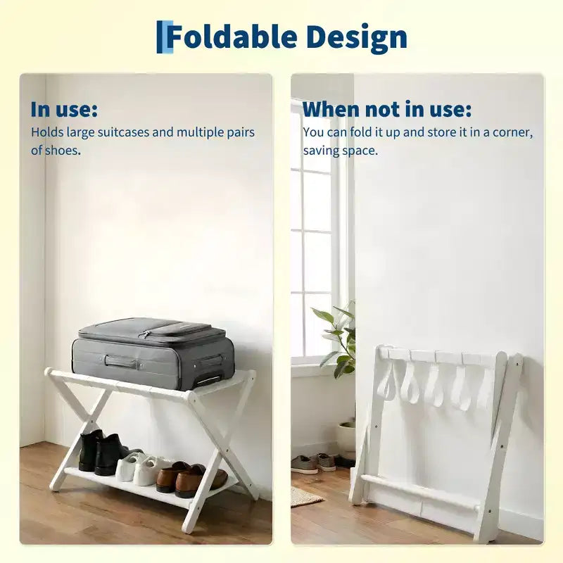 Support à bagages pliant en bambou avec étagère de rangement Sangles en nylon durables Supporte 50 kg pour valises Chambres à coucher Chambres d'amis Salons Hôtels