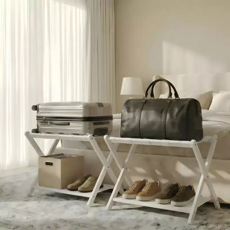 Support à bagages pliant en bambou avec étagère de rangement Sangles en nylon durables Supporte 50 kg pour valises Chambres à coucher Chambres d'amis Salons Hôtels