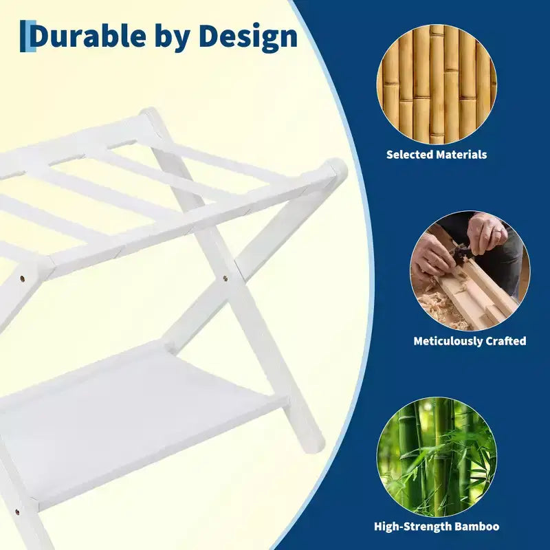 Support à bagages pliant en bambou avec étagère de rangement Sangles en nylon durables Supporte 50 kg pour valises Chambres à coucher Chambres d'amis Salons Hôtels
