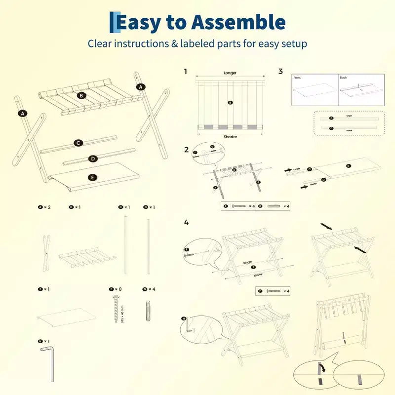 Support à bagages pliant en bambou avec étagère de rangement Sangles en nylon durables Supporte 50 kg pour valises Chambres à coucher Chambres d'amis Salons Hôtels