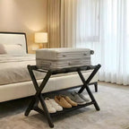 Support à bagages pliant en bambou avec étagère de rangement Sangles en nylon durables Supporte 50 kg pour valises Chambres à coucher Chambres d'amis Salons Hôtels