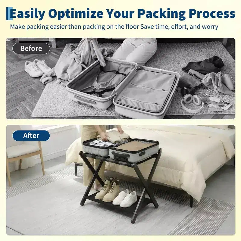 Support à bagages pliant en bambou avec étagère de rangement Sangles en nylon durables Supporte 50 kg pour valises Chambres à coucher Chambres d'amis Salons Hôtels
