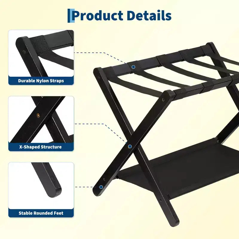 Support à bagages pliant en bambou avec étagère de rangement Sangles en nylon durables Supporte 50 kg pour valises Chambres à coucher Chambres d'amis Salons Hôtels