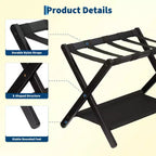 Support à bagages pliant en bambou avec étagère de rangement Sangles en nylon durables Supporte 50 kg pour valises Chambres à coucher Chambres d'amis Salons Hôtels