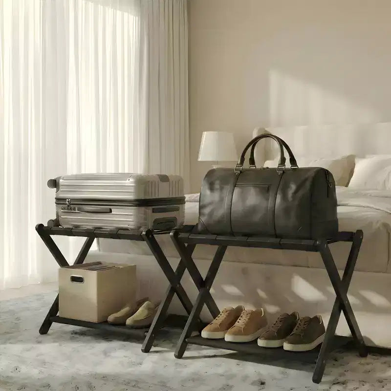 Support à bagages pliant en bambou avec étagère de rangement Sangles en nylon durables Supporte 50 kg pour valises Chambres à coucher Chambres d'amis Salons Hôtels