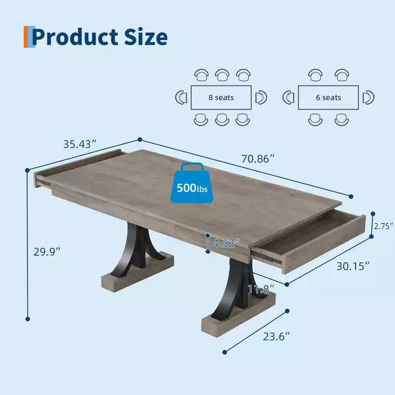 71 Grande table à manger pour 6-8 personnes, table de cuisine rectangulaire en bois avec 2 tiroirs et cadre métallique robuste, table de 1,8 m pour salle à manger et cuisine