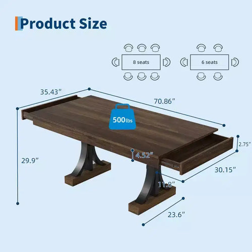 71 Grande table à manger pour 6-8 personnes, table de cuisine rectangulaire en bois avec 2 tiroirs et cadre métallique robuste, table de 1,8 m pour salle à manger et cuisine