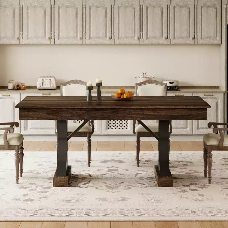 71 Grande table à manger pour 6-8 personnes, table de cuisine rectangulaire en bois avec 2 tiroirs et cadre métallique robuste, table de 1,8 m pour salle à manger et cuisine