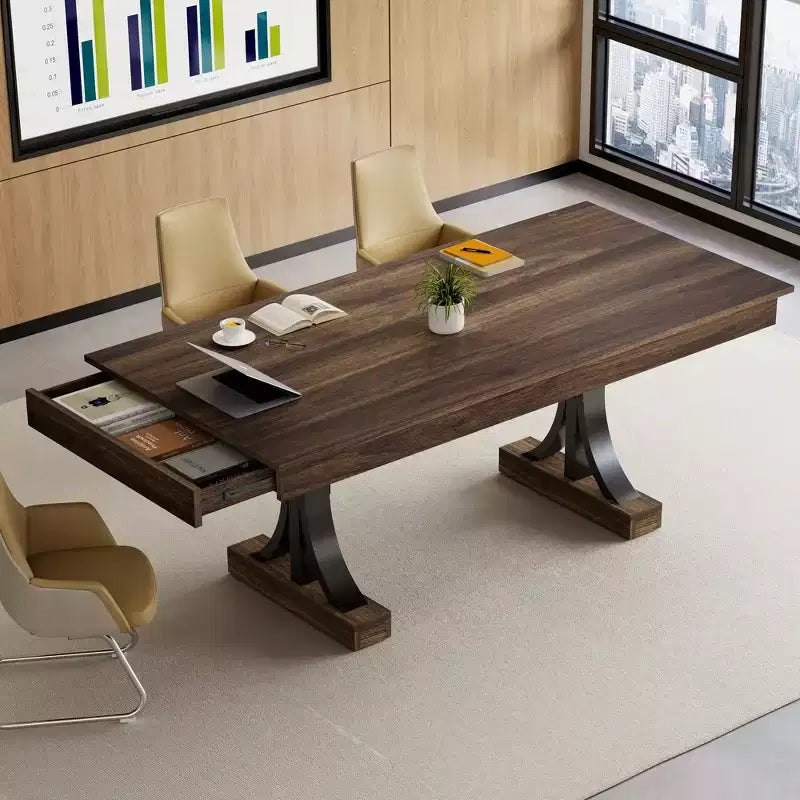 71 Grande table à manger pour 6-8 personnes, table de cuisine rectangulaire en bois avec 2 tiroirs et cadre métallique robuste, table de 1,8 m pour salle à manger et cuisine