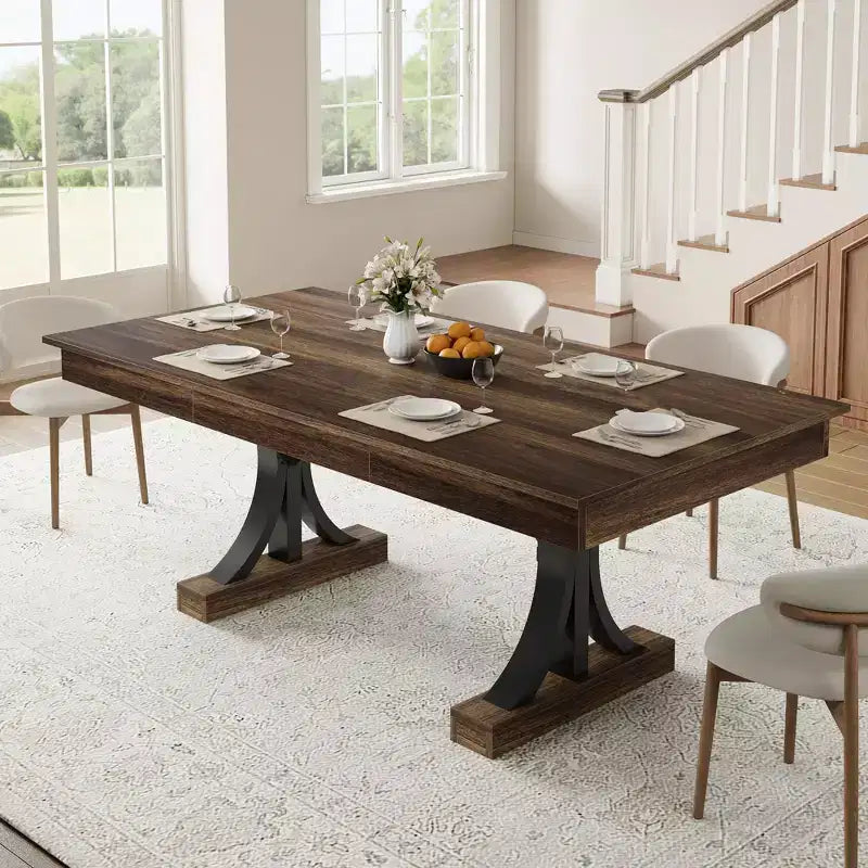 71 Grande table à manger pour 6-8 personnes, table de cuisine rectangulaire en bois avec 2 tiroirs et cadre métallique robuste, table de 1,8 m pour salle à manger et cuisine