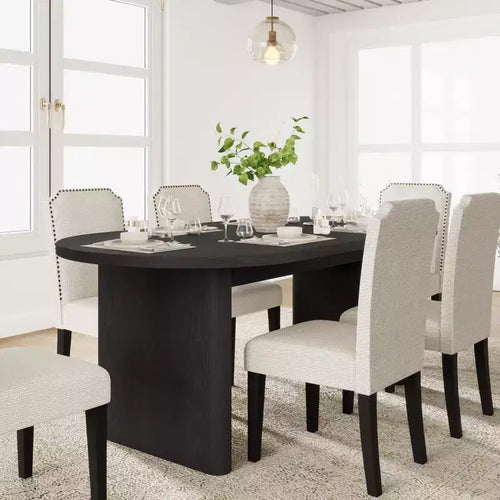 Table à manger ovale de 70,8 pouces avec 6 chaises de salle à manger rembourrées, table de cuisine avec base en bois robuste, chaise de salle à manger à dossier haut avec pieds en bois pour la cuisine