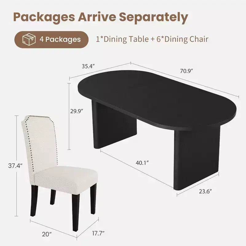 Table à manger ovale de 70,8 pouces avec 6 chaises de salle à manger rembourrées, table de cuisine avec base en bois robuste, chaise de salle à manger à dossier haut avec pieds en bois pour la cuisine