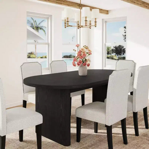 70.8 Inch Oval Dining Table with 6Upholstered Dining Chairs, Kitchen Table with Sturdy Wooden Base, High Back Dining Chair with Wood Legs for Kitchen