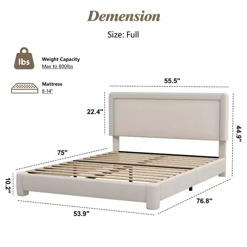 Cadre de lit Dyonery Queen-size, cadre de lit moderne crème avec tête de lit réglable, coins arrondis et doux, aucun matelas à ressorts requis, assemblage facile.