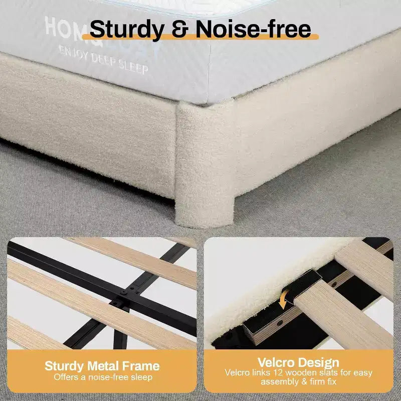 Cadre de lit Dyonery Queen-size, cadre de lit moderne crème avec tête de lit réglable, coins arrondis et doux, aucun matelas à ressorts requis, assemblage facile.