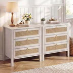 Lot de 2 tables de chevet en rotin, tables de nuit bohèmes en osier à 3 tiroirs avec poignées dorées, grandes tables d'appoint en bois pour chambre et salon, blanches