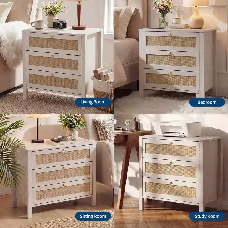 Lot de 2 tables de chevet en rotin, tables de nuit bohèmes en osier à 3 tiroirs avec poignées dorées, grandes tables d'appoint en bois pour chambre et salon, blanches